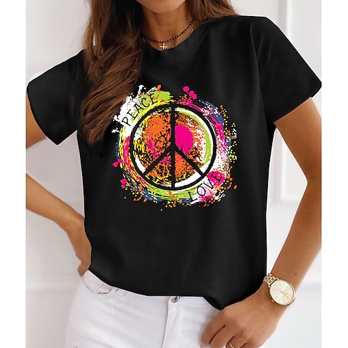 

Women's T shirt Tee White Black Peace & Love Print Short Sleeve Casual Weekend Basic Round Neck Regular Cotton Painting S