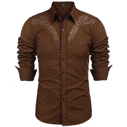 

Men's Dress Shirt Floral Turndown Blue Khaki Coffee Gray White Outdoor Street Long Sleeve Embroidered Button-Down Clothing Apparel Cotton Fashion western style Breathable Comfortable / Spring / Fall