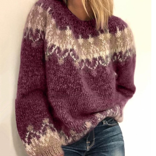

Women's Fair Isle Jacquard Sweater Crew Neck Pullover Jumper Vintage Color Block Winter Warm Sweater