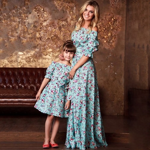 

Mommy and Me Dresses Floral Graphic Daily Ruched Light Blue Half Sleeve Knee-length Adorable Matching Outfits