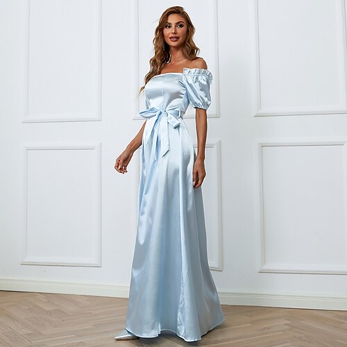 

A-Line Evening Dresses Elegant Dress Engagement Floor Length Short Sleeve Off Shoulder Polyester with Sash / Ribbon Pure Color 2022 / Formal Evening