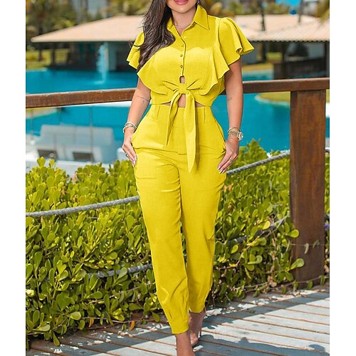 

Women's Crop Top Blouse Pants Sets Basic Yellow Casual Casual Daily Plain Lace up Shirt Collar S M L XL