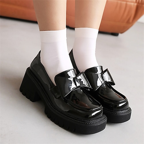 

Women's Loafers Classic Loafers Platform Loafers Daily Summer Bowknot Chunky Heel Square Toe Minimalism Patent Leather Loafer Solid Colored Black