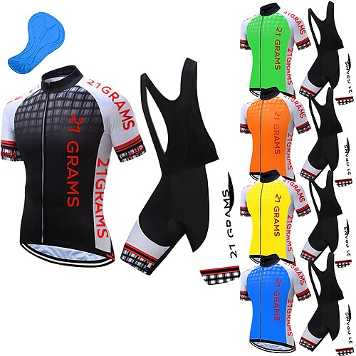 

21Grams Men's Cycling Jersey with Bib Shorts Short Sleeve Mountain Bike MTB Road Bike Cycling Black Green Yellow Plaid Checkered Bike Clothing Suit 3D Pad Breathable Quick Dry Reflective Strips