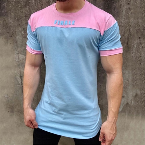 

Men's T shirt Tee Patchwork Crew Neck Blue Casual Daily Short Sleeve Clothing Apparel Cotton Sports Fashion Lightweight Big and Tall / Summer