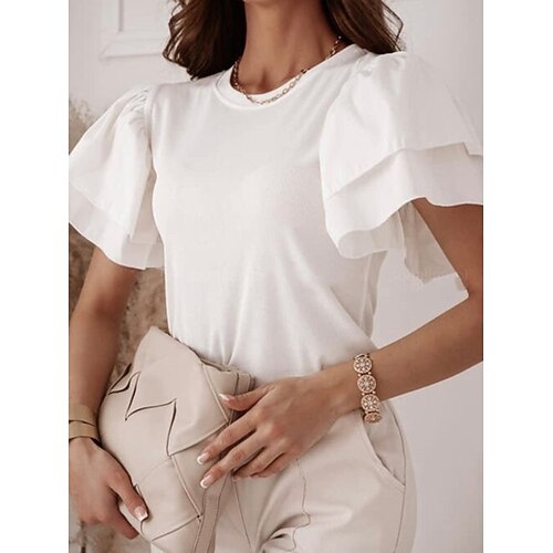

Women's T shirt Tee Pink Khaki White Plain Ruffle Short Sleeve Casual Weekend Basic Round Neck Regular S