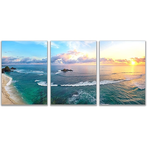 

3 panel Beach Canvas Home Deco Art Wall Dark blue sea sunset picture on yellow beach canvas Print picture of seascape home decor decor ready to hang