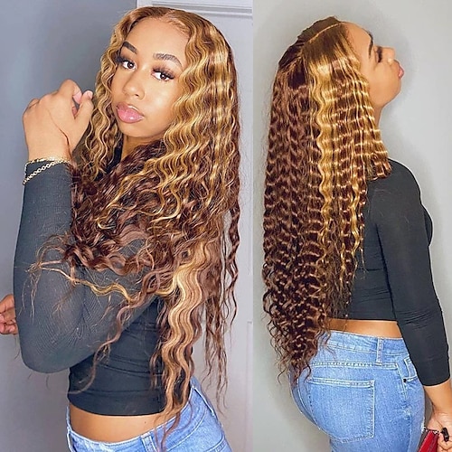 

Highlight Human Hair Lace Front Wigs Deep Wave #4/27 Ombre Colored Glueless Wigs Pre Plucked 14-30 Inch 4x4 Transparent Curly Water Wave Lace Wig Honey Blonde Real Human Hair 180% Density