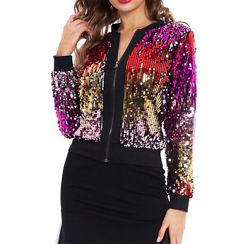 

Women's Bomber Jacket Varsity Jacket Street Daily Going out Spring Fall Regular Coat V Neck Regular Fit Windproof Warm Streetwear Casual Jacket Long Sleeve Plain Sequins Sequin Black