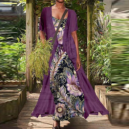 

Women's Dress Set Two Piece Dress Swing Dress Long Dress Maxi Dress Green Black Purple Short Sleeve Floral Lace up Spring Summer Crew Neck Weekend Loose Fit 2022 S M L XL XXL 3XL 4XL 5XL