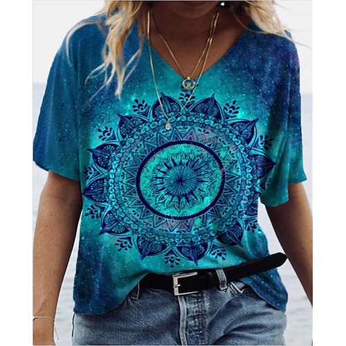 

Women's T shirt Tee Blue Floral Patchwork Print Short Sleeve Casual Daily Vintage Boho Ethnic V Neck Regular S / 3D Print