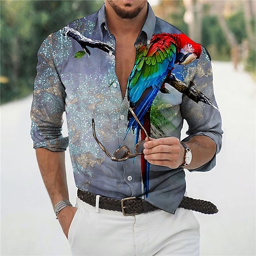 

Men's Shirt Graphic Shirt Animal Parrot Turndown Blue 3D Print Outdoor Casual Long Sleeve 3D Print Button-Down Clothing Apparel Fashion Designer Casual Comfortable / Sports