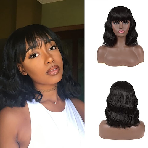 

Short Black Bob Wig with Bangs 12inch Synthetic Short Curly Wigs for Black Women Machine Made Natural Looking Wavy Wigs for Daily to Use