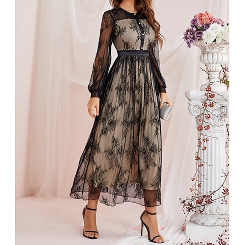 

Women's Party Dress Lace Dress Swing Dress Long Dress Maxi Dress Black gray Long Sleeve Embroidery Lace Fall Spring Crew Neck Winter Dress Evening Party Fall Dress Slim Mesh S M L XL