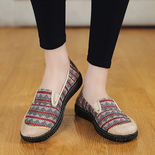 

Dame Treningssko Slip-Ons Bohem utendørs Daglig Flat hæl Rund Tå Årgang Fritid Løp Gange Lerret Tøfler Fargeblokk Rød Brun