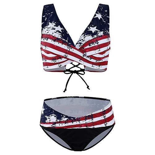 

Women's Swimwear Bikini 2 Piece Plus Size Swimsuit 2 Piece Open Back Printing for Big Busts Striped Geometic Blue Yellow Wine Red Padded V Wire Bathing Suits New Stylish Vacation / Sexy / Flag / Star