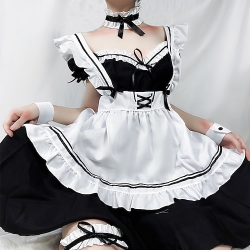 

Lolita Sweet Lolita Shiro& Kuro Lolita Maid Uniforms Dress Women's Japanese Cosplay Costumes Black Black & White Flare Cuff Sleeve Short Sleeve Midi