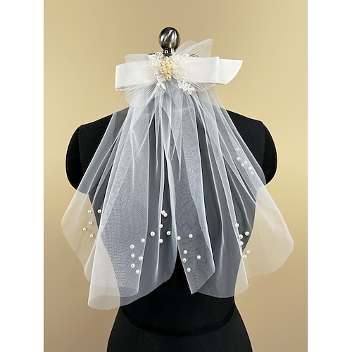 

One-tier Pearl / Sweet Wedding Veil Elbow Veils with Satin Bow / Beading / Appliques Tulle