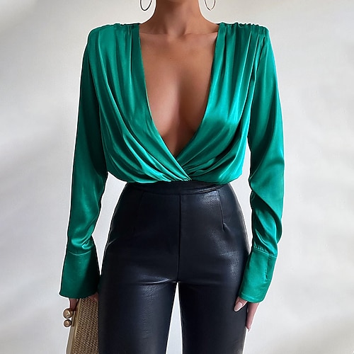 

Women's Bodysuit Solid Color Deep V Basic Street Going out Regular Fit Long Sleeve Green Fuchsia Black S M L Spring