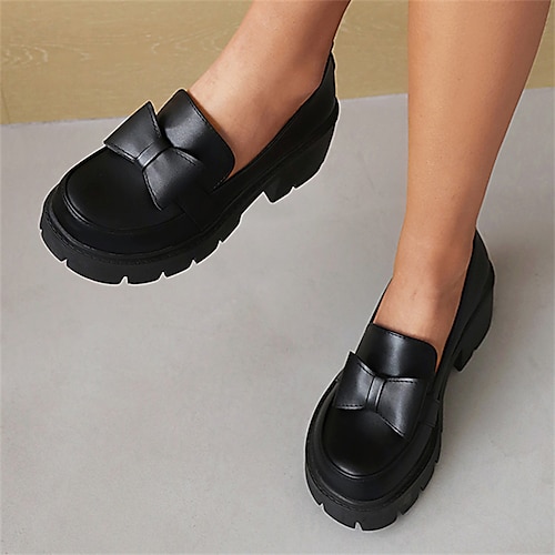 

Women's Loafers Daily Classic Loafers Platform Loafers Summer Bowknot Chunky Heel Round Toe Minimalism Patent Leather Loafer Solid Colored Black