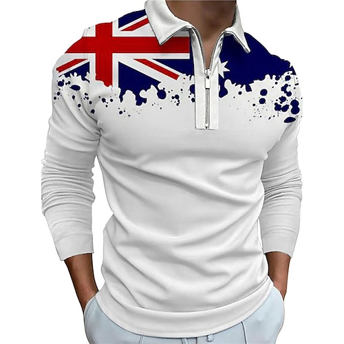 

Men's Collar Polo Shirt Golf Shirt Flag Turndown White 3D Print Casual Daily Long Sleeve Zipper Print Clothing Apparel Sports Fashion Casual Comfortable
