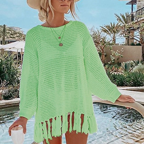 

Women's Pullover Sweater jumper Jumper Crochet Knit Hollow Out Tassel Pure Color Crew Neck Stylish Casual Outdoor Daily Spring Summer Green Pink S M L / Cotton / Long Sleeve / Cotton / Holiday