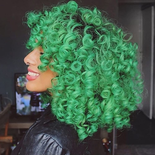 

Short Curly Wigs for Black Women Andromeda Soft Black to Green Wig with Bangs Heat Resistant Synthetic Afro Loose Kinky Curly Wigs for Women ChristmasPartyWigs St.Patrick's Day Wigs