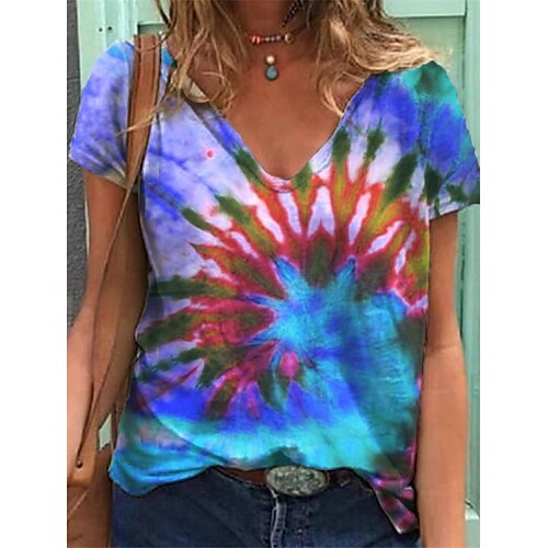 

Women's T shirt Tee Blue Gray Tie Dye Print Short Sleeve Casual Weekend Basic V Neck Regular Abstract Painting S / 3D Print