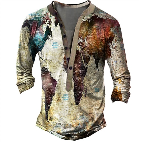 

Men's T shirt Tee Henley Shirt Map Graphic Prints Henley Khaki 3D Print Outdoor Casual Long Sleeve Button-Down Print Clothing Apparel Lightweight Breathable Big and Tall