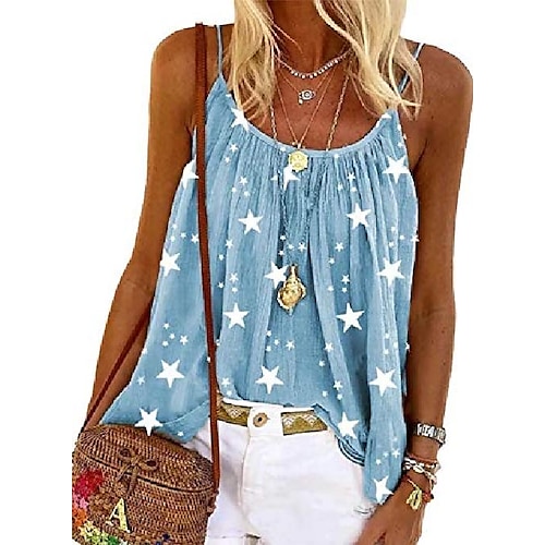 

delle donne più il formato casual blu cami camicie estate senza maniche stelle stampa scoop neck spaghetti cinghie sciolto flowy canotte per ragazze adolescenti 2xl