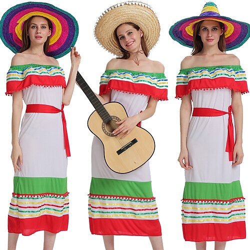 

Meksikansk Maskerade Tradisjonell kjole Voksne Dame Cosplay Vintage kjole Cinco de Mayo Mexicos uavhengighetsdag De dødes dag Karneval Maskerade Festival / høytid polyester Rød Dame Lett Karneval