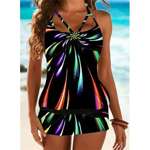 

Mujer Bañadores Tankini 2 piezas Talla Grande Traje de baño 2 Piezas Espalda Abierta Estampado para bustos grandes Agujero A Rayas Negro Acolchado Con Tirantes Trajes de baño nuevo Casual Vacaciones