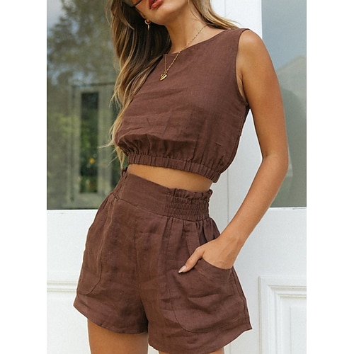 

Women's Crop Top Tank Top Shorts Sets Basic Brown Casual Vacation Plain Crew Neck S M L XL
