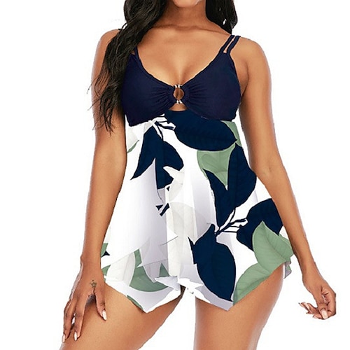 

Maillots de Bain Tankini 2 pièces Maillot de bain Femme Dos ouvert Imprimé pour les grosses poitrines Feuille Grande Taille Camisole A Bretelles Maillots de bain nouveau Vacances Mode / Moderne