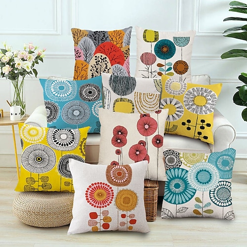 

Set of 9 Pillow Cover, Floral Geometic Wedding Fashion Throw Pillow Cover Faux Linen Cushion for Sofa Couch Bed Chair Yellow