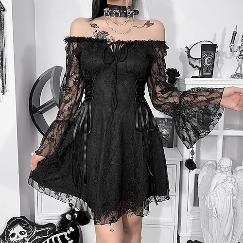 

Goth Girl Punk & Gothic Vacation Dress Cocktail Dress Vintage Dress Flapper Dress Masquerade Women's Costume Vintage Cosplay Event / Party Festival Long Sleeve Dress