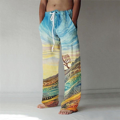 Men's Trousers Summer Pants Baggy Beach Pants Elastic Drawstring Design  Front Pocket Straight Leg Graphic Prints Landscape Comfort Soft Casual  Daily For Vacation Linen Like Fabric Fashion Streetwear 2024 - €24.99