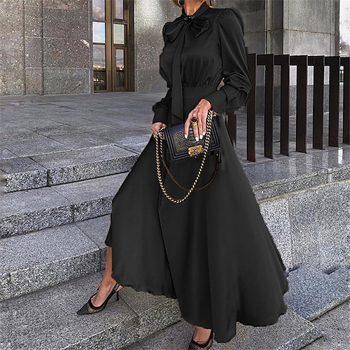 

Women's Party Dress Satin Dress Swing Dress Long Dress Maxi Dress Black Yellow Red Long Sleeve Pure Color Lace up Winter Fall Autumn Stand Collar Modern Party Winter Dress Christmas 2022 S M L XL XXL