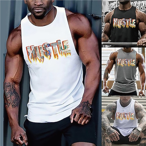 

Men's Tank Top Vest Letter Graphic Prints Crew Neck Gray White Black Plus Size Outdoor Sports Sleeveless Print Clothing Apparel Fashion Designer Classic Hawaiian / Summer / Summer