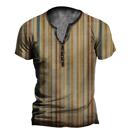 

Men's T shirt Tee Henley Shirt Graphic Striped Henley Brown 3D Print Outdoor Casual Short Sleeve Button-Down Print Clothing Apparel Vintage Designer Casual Classic / Summer / Summer