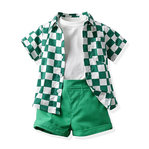 

3 Pieces Kids Boys Clothing Set Outfit Plaid Short Sleeve Set Outdoor Casual Comfort Summer 2-12 Years Green Black Blue