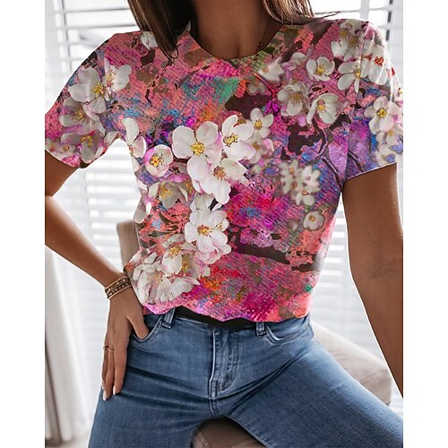 

Women's T shirt Tee Red Floral Print Short Sleeve Casual Holiday Basic Round Neck Regular Floral Painting S / 3D Print