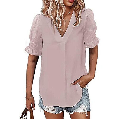 

2022 european and american cross-border new amazon popular v-neck chiffon shirt stitching fur ball short-sleeved top women