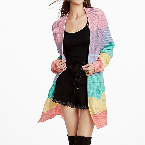 

Women's Cardigan Stripe Pocket Knitted Striped Color Block Stylish Elegant Casual Long Sleeve Sweater Cardigans V Neck Spring Summer Pink