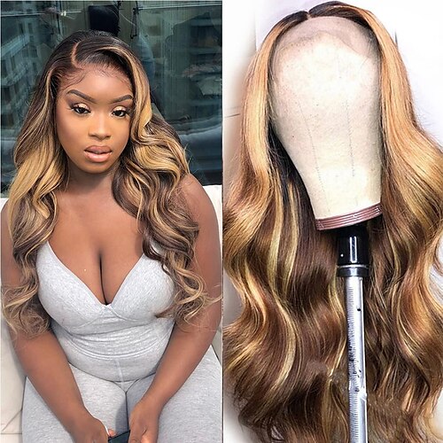 

highlight ombre lukning 4x4 parykker body wave 4/27 blonder front paryk menneskehår færdigplukket med babyhår ombre brune parykker til sorte kvinder brasiliansk 100% remy menneskehår korte parykker