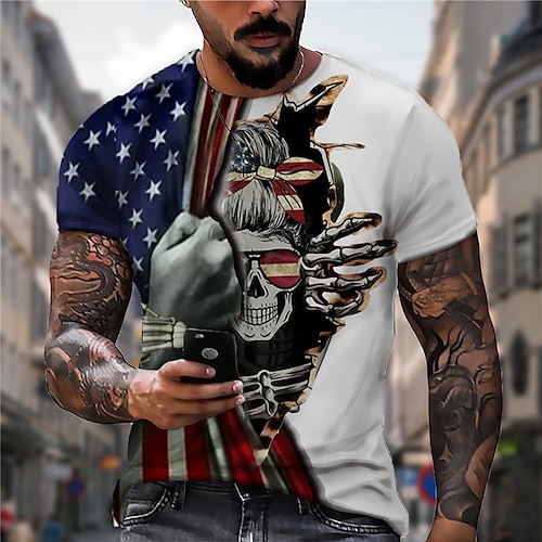 

Men's Unisex T shirt Tee Skull Graphic Prints National Flag Crew Neck Blue 3D Print Outdoor Street Short Sleeve Print Clothing Apparel Sports Designer Casual Big and Tall / Summer / Summer