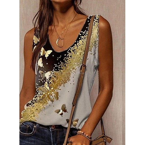 

Women's Tank Top Vest Gold Butterfly Print Sleeveless Daily Weekend Streetwear Casual U Neck Regular Butterfly S
