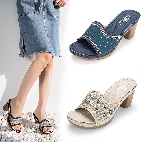 

Women's Mules Daily Orthopedic Sandals Bunion Sandals Costume Shoes Wedding Sandals Summer Buckle Chunky Heel Round Toe Vintage PU Leather Loafer Polka Dot Almond Black Blue