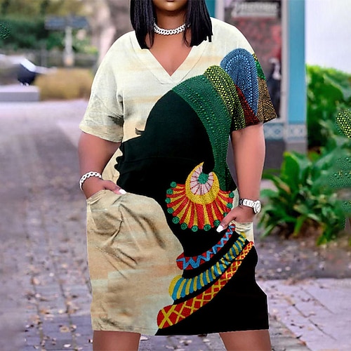 

Women's Plus Size T Shirt Dress Tee Dress Color Block V Neck Print Short Sleeve Spring Summer Casual Preppy Midi Dress Daily Holiday Dress