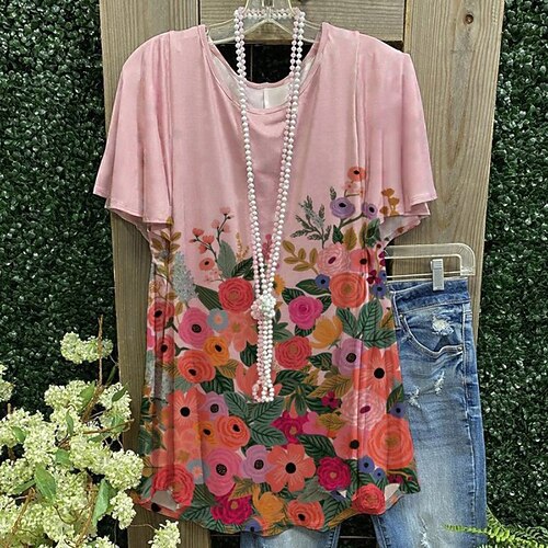 

Women's Plus Size Tops Blouse Floral Print Short Sleeve Crewneck Streetwear Daily Going out Polyester Spring Summer Green Blue